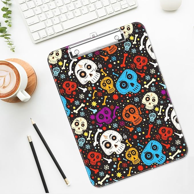 Luminzo Plastic Cute Clipboard Low-Profile Metal Clip, A4 Letter Size 9 x 12.5 in, 8.5 x 11 Paper Clip Board for Teachers, Nurses, Classroom,Cute Skulls