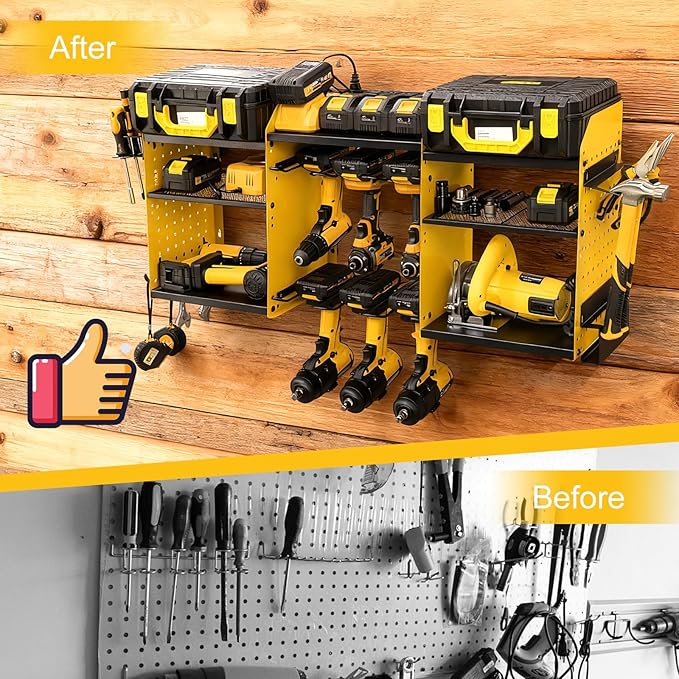 ERVNYNT 3 layers power tool organizer Loads 150lbs with 6 Cordless Drill Holder and 6 Outlet Power Strip,it’s good choice for husband birthday gift,yellow