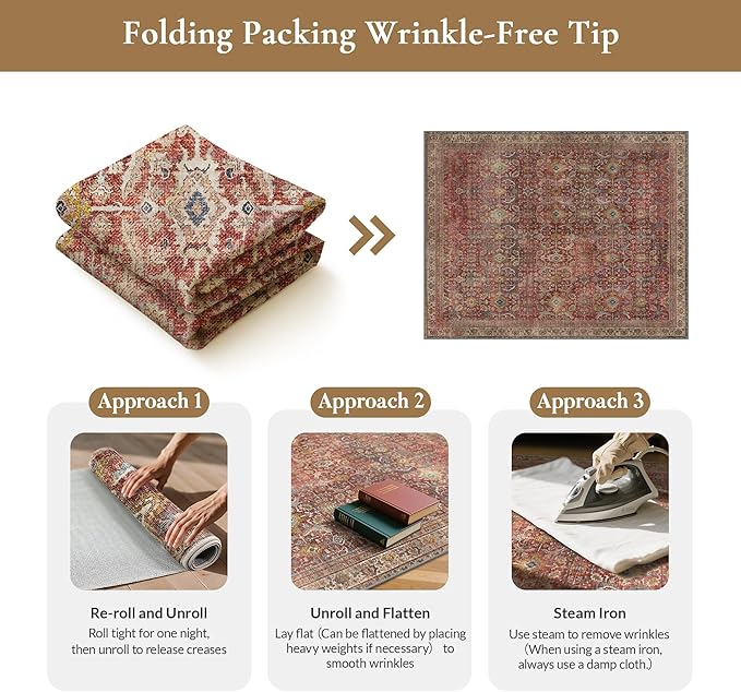 GENIMO 6x9 Area Rugs for Living Room, Machine Washable Non Slip Vintage Rugs, Low Pile Lightweight Chenille Print Rug for Bedroom, Dining Room, Home Office, Mocha Brick
