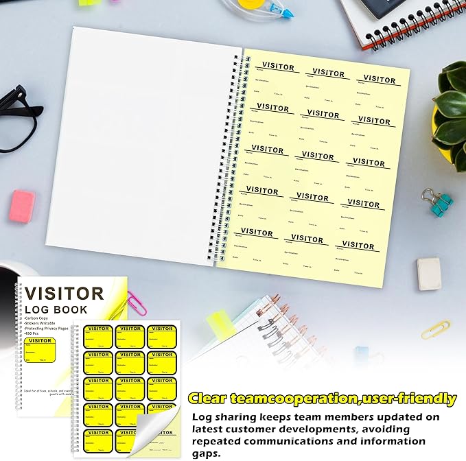 2 Pack Visitor Badges with Carbon Copy Visitor Stickers Letter Size Visitor Log Book Protecting Privacy Pages Register Book Business Guest Name tag for School Clinics Church 900 Badges 120 Memo Pages