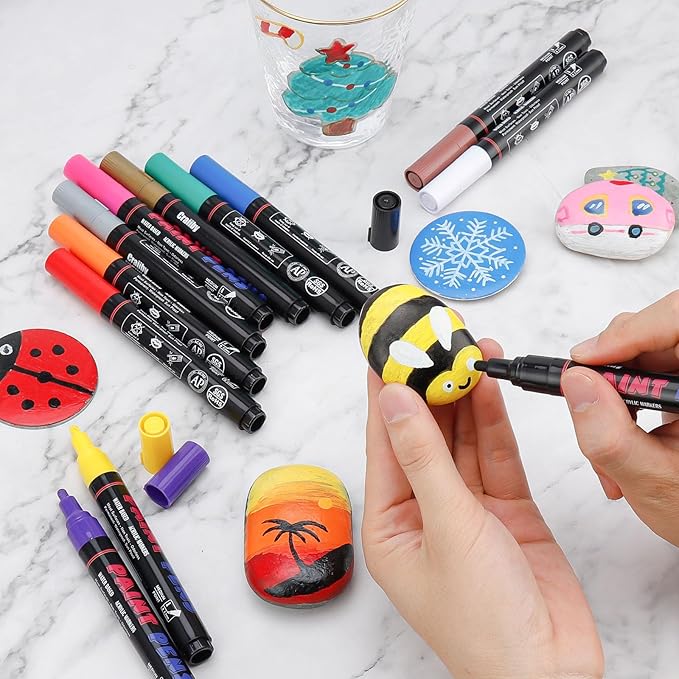 Craiiby Yellow Paint Pens Paint Markers - 12 Pack Permanent Quick Dry Waterproof Marker Pens for Rocks Wood Fabric Plastic Canvas Glass Mugs Metal Tire Stone
