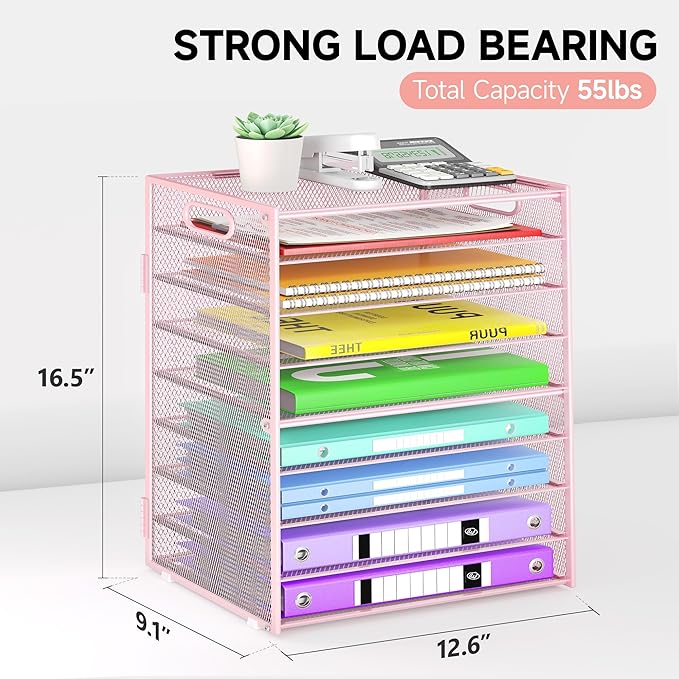 Cawukege 9 Tier Paper Organizer with Handle, Large Capacity Desk Organizer Mesh File Folder Letter Paper Tray Desktop Document Sorter for Classroom, School, and Office Accessories Organization- Pink