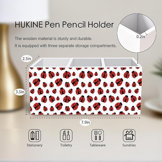 HUKINE Red Ladybug Pen Holder for Desk Decoration, Ladybug Gifts for Women Wooden Box Sign Pencil Holder Organizer for Home Office Desk Accessories, Lady Bug Gifts