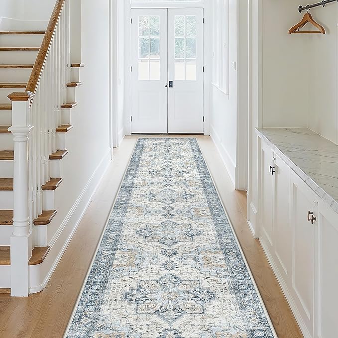 GENIMO Runner Rug 2x8, Non Slip Vintage Hallway Runner Rugs, Low Pile Lightweight Machine Washable Mat for Hallway, Entryway, Bedroom, Kitchen and Corridor, Blue