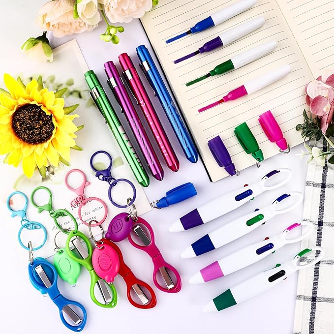 24 pcs Nurse Pen Set Include Permanent Marker Pen Pen Lights for Nurses Retractable Ballpoint Pen Nursing Keychain Clip Foldable Scissors LED Flashlight Keychain for Nurses (Blue Green Pink Purple)