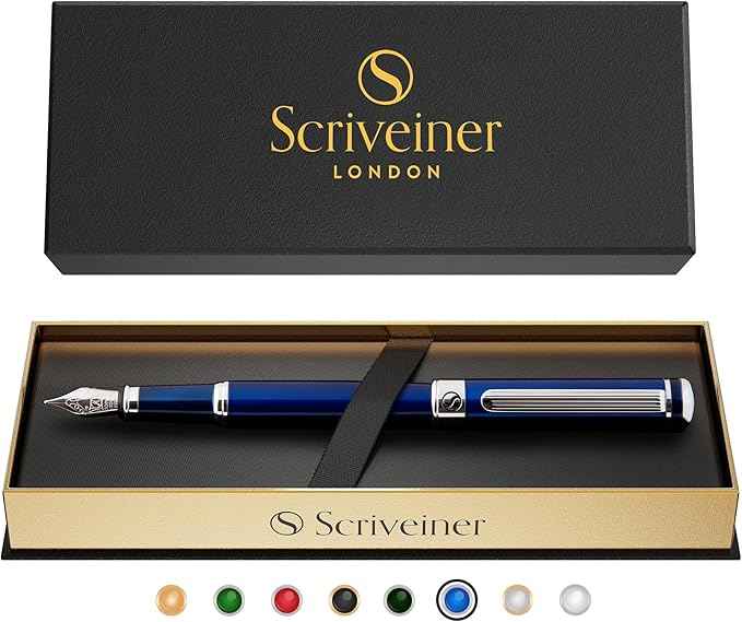 Scriveiner Midnight Blue Fountain Pen - Stunning Luxury Pen with Chrome Appointments, Schmidt Nib (Medium), Best Pen Gift Set for Men & Women, Professional, Executive, Office, Nice Pens