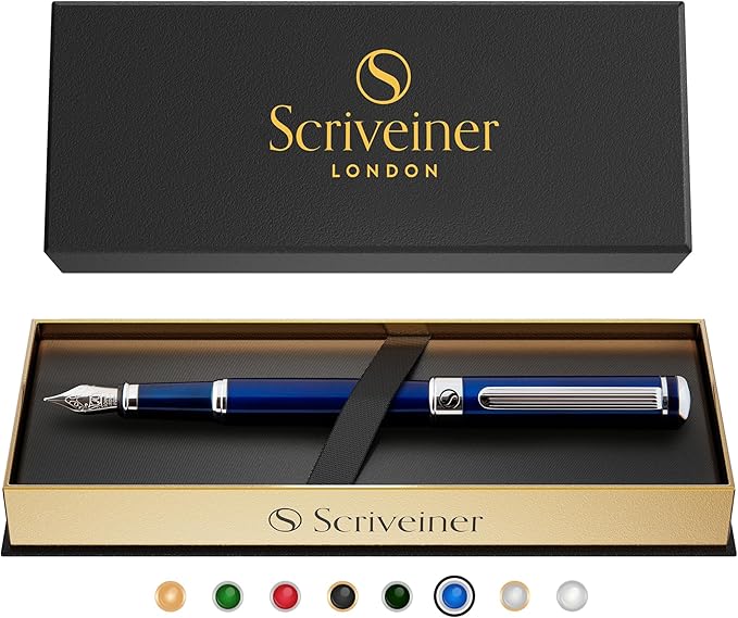 Scriveiner Midnight Blue Fountain Pen - Stunning Luxury Pen with Chrome Appointments, Schmidt Nib (Fine), Best Pen Gift Set for Men & Women, Professional, Executive, Office, Nice Pens