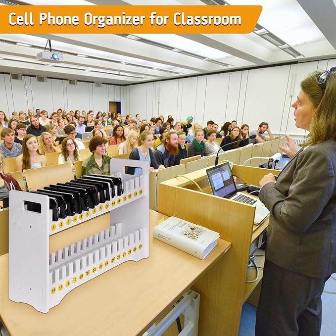 Ozzptuu Cell Phone Holder Classroom Cell Phone Storage 2-Tier Multiple Cell Phone Stand Rack with 1-30 Number Stickers PVC Board Mobile Phone Holder Desktop Organizer for Classroom Office (30 Slots)