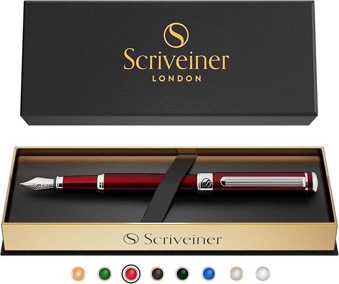 Scriveiner Deep Crimson Red Fountain Pen - Stunning Luxury Pen with Chrome Finish, Schmidt Nib (Fine), Best Pen Gift Set for Men & Women, Professional, Executive, Office, Nice Pens