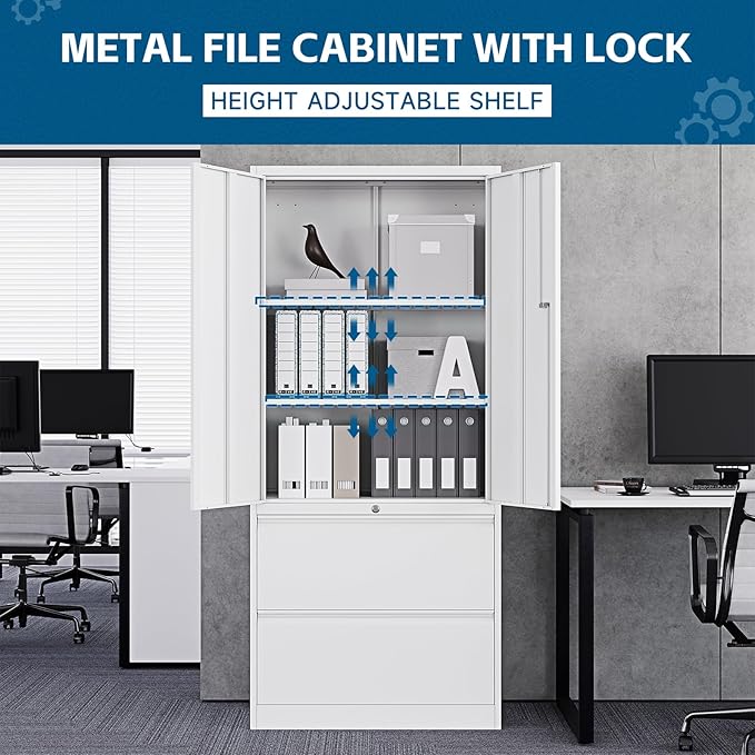 PEUKC 2-Drawer Metal File Cabinet, Lateral Vertical Filing Cabinets for Home Office, Locking File Cabinet with Storage Shelves, Legal/Letter/A4 Size (White, Assemble Required)