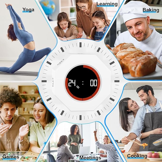 GuDoQi Digital Productivity Timer, Octagon Rotating Pomodoro Timers with Gravity-sensor, 1-3-5-15-30-60-90 Min Countdown, Portable Adjustable Sound Alert Multi Desk Timer or Study Task, Kitchen, White