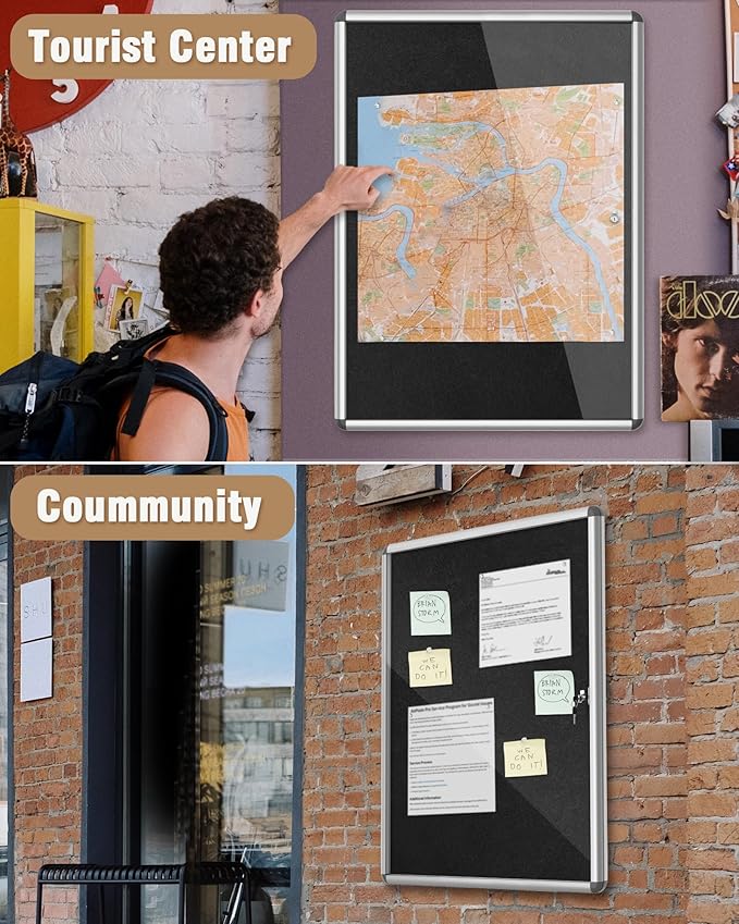 Mifuro 38"x28" Enclosed Bulletin Board, Lockable Weather-Resistant Aluminum Cork Noticeboard for School & Office, Silver Frame w/Black Flet