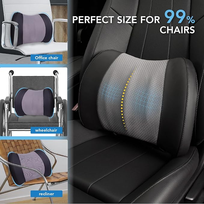 Lofty Aim Lumbar Support Pillow for Car, Memory Foam Lumbar Pillow for Lower Back Pain Relief - Back Cushion for Driving, Chair Support for Car-Office Chair, Wheelchair - Black&Gray