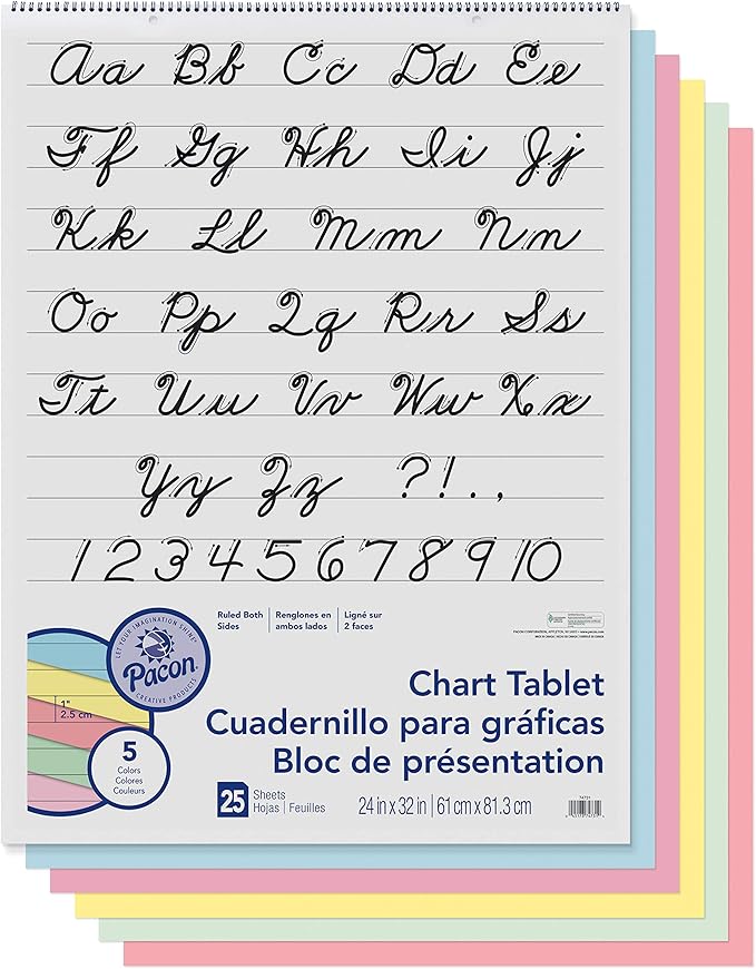 Pacon Colored Paper Chart Tablet, 5 Assorted Colors, Cursive Cover, 1" Ruled 24" x 32", 25 Sheets