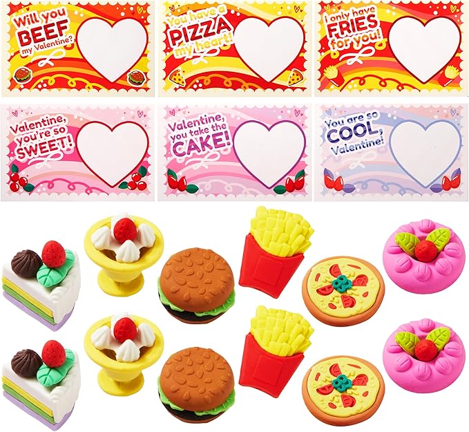 JOYIN 36 PCS Valentines Day Gift Cards with 3D Dessert Erasers for Kid Classroom Cards, Party Favor Toy Card Party Favor, Classroom Prize Supplies, Valentine’s Greeting Cards