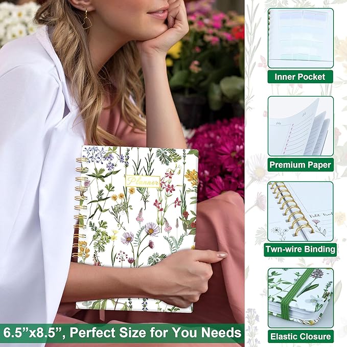 Undated Weekly and Monthly Planner – 12-Month To Do List Notebook Organizer with Goal & Habit Tracker, Spiral Bound Productivity Journal Ideal for Work, School & Home, 6.5" x 8.5", Wildfloral