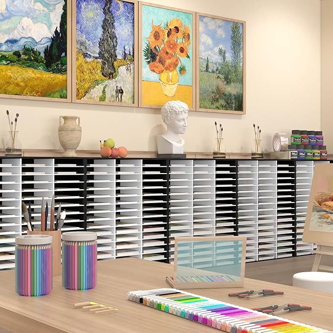 EasyPAG Wooden Literature Organizer with Adjustable Shelves, 48 Compartments Office Paper Organizer Storage 24000 Sheets Letter Size Paper, Student Mailbox for Classroom, Black/White