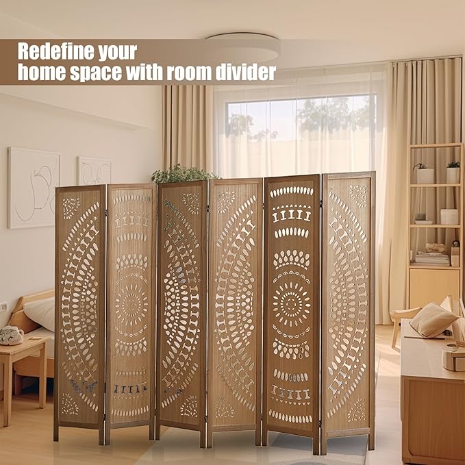 ALeesing 6 Panel Wood Room Divider Fully Assembled, Decorative Room Dividers and Folding Screens, 5.6Ft Room Divider Screen Freestanding Partition Wall Dividers for Home Bedroom Office, Brown