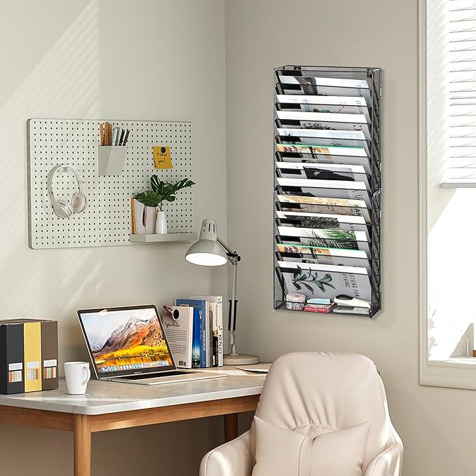 EasyPAG Wall File Holder 14 Tier Mesh Hanging Folder Organizer with Flat Tray Wall Mounted Mail Organizer Magazine Paper Desk Shelf with Nametag Label for Office Home School, Black