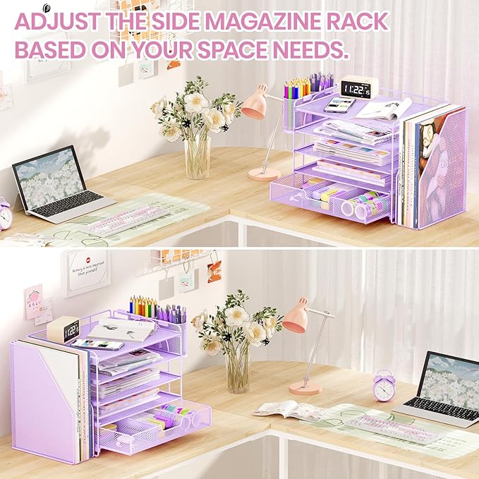OPNICE Desk Organizer, 5-Tier Paper File Organizer with Drawer & Pen Holder, Office Desk Accessories, Workspace Desktop Organizer for Office Supplies(Purple)