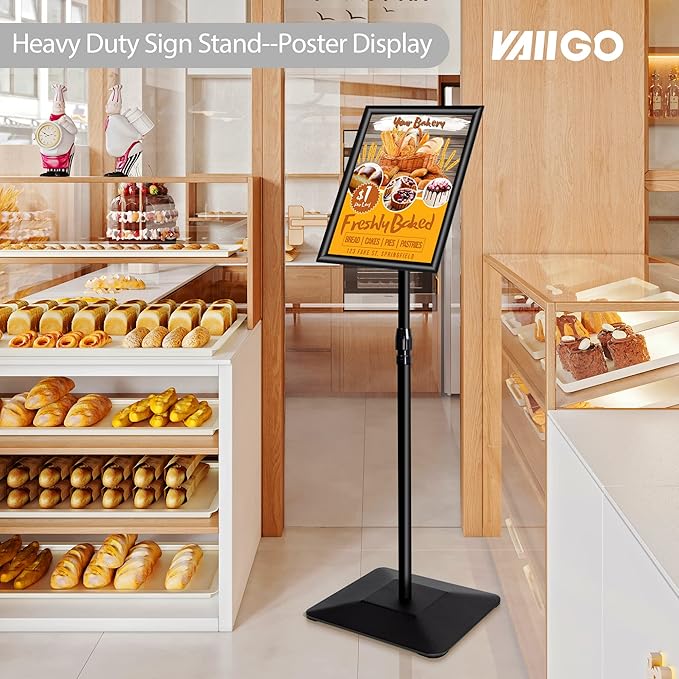 VAIIGO 8.5"x11" Pedestal Poster Holder Stand with Heavy Duty Solid Steel Base, Adjustable Floor Standing Sign Holder for Vertical and Horizontal View, Super Stable Display, Black