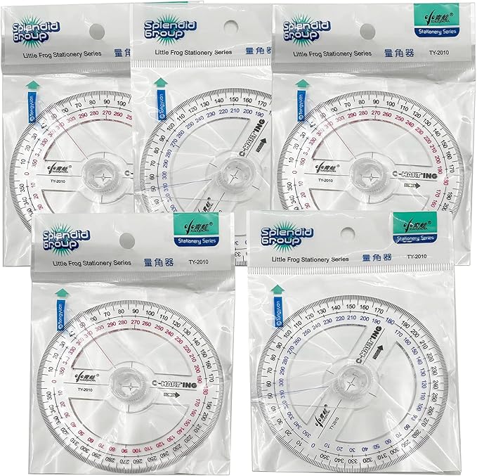 360° Protractor Pack of 5 Protactors Plastic Protractor Math Protractors Clear Protractor Ruler Drafting Tools Circle Protractor for Geometry