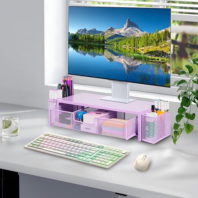Qupui Computer Monitor Stand Riser with Drawer and Pen Holders, Desk Organizer Shelf and Accessories, Office Desk Accessories, Office Organization, Purple