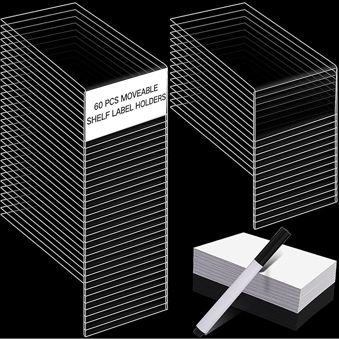Containlol 60 Sets Moveable Shelf Label Display Holders with Label Inserts and Marker Clear Shelves Tag Plastic Shelf Markers Teachers Gift for Classroom Office Book Shelves(6.5 x 3 x 1.57 Inch)