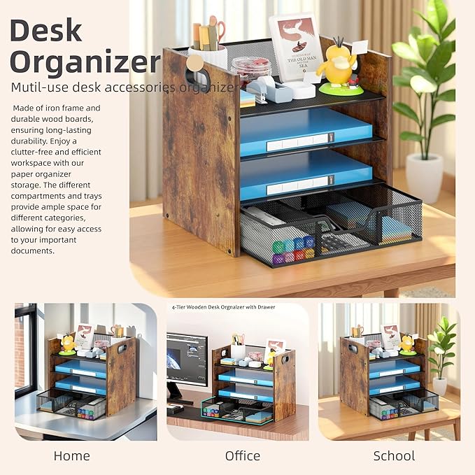 Boershun Wood Desk Organizer - 4-Tier Desktop File Organizer with Drawer, Wooden Paper Tray, Office Desk Organizer for Papers, Mail, Notebooks, Stationery