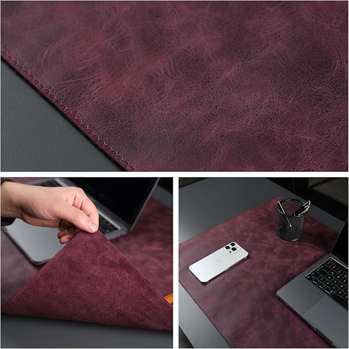 TORONATA Jersey Genuine Calfskin Leather Desk Pad, Office Desk Mat with Non-Slip Bottom, Smooth Surface for Mouse & Keyboard, Desk Protector (14.6x31.5 inches) (Purple)