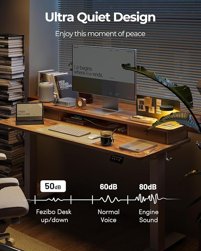 FEZIBO 40 x 24 Inch Height Adjustable Electric Standing Desk with Double Drawer, Stand up Home Office Computer Desk with 4 Height-Adjustable Feets & 2 Hooks, Light Rustic
