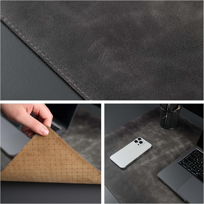 TORONATA Jersey Genuine Calfskin Leather Desk Pad, Office Desk Mat with Non-Slip Bottom, Smooth Surface for Mouse & Keyboard, Desk Protector (36x19 inches) (Grey)