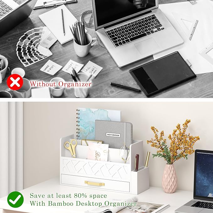 Wisuce Home Wooden Desk Organizer,Desktop Organizer File Sorter for Office Supplies, Mail Organizer with Drawer,Desk Accessories & Workspace Organizers for Women (White)