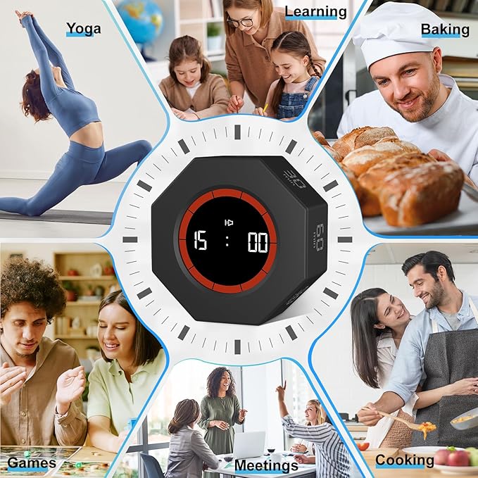 GuDoQi Digital Productivity Timer, Octagon Rotating Pomodoro Timers with Gravity-sensor, 1-3-5-15-30-60-90 Min Countdown, Portable Adjustable Sound Alert Multi Desk Timer or Study Task, Kitchen, Black