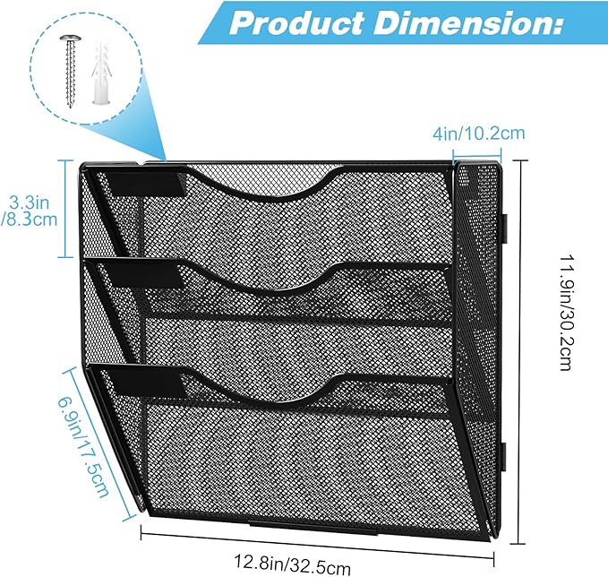 Solinxe Wall Hanging File Holder 3 Tier Wall Mounted Paper Organizer Magazine File Holder Storage Organizer, Black