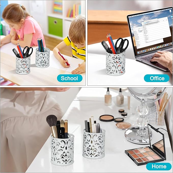 EasyPAG White Pen Holder for Desk, 2 Pack Round Pen Organizer, Brush Holder for Vanity, Metal Pencil Cup Organizer for Home, Office, Classroom, School