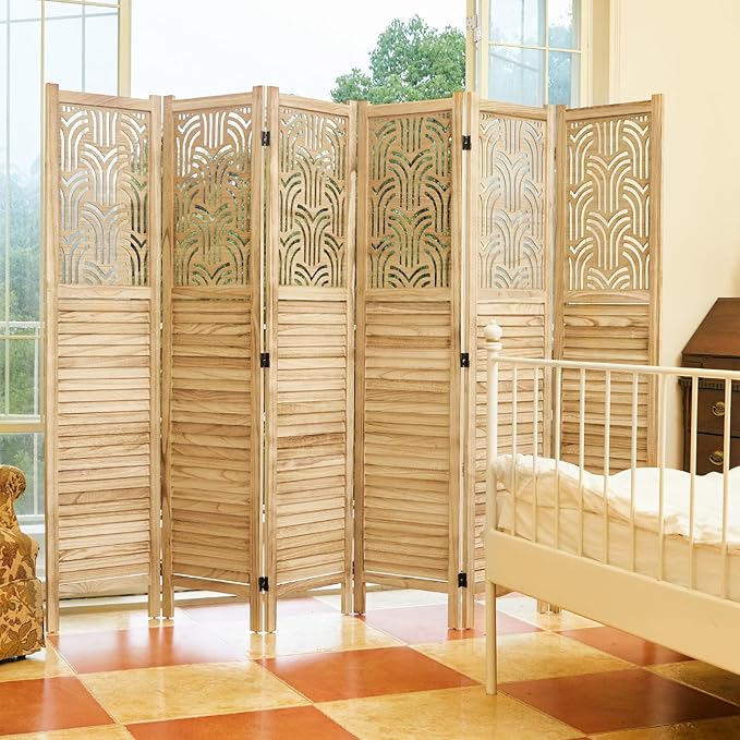 Svimi Folding Room Divider, 66.9 Inch 6 Panels Wood Carved Privacy Screens, Free Assembled Freestanding Portable Separation Wall for Home Office Bedroom (Natural)