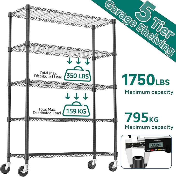 M MZG 5 Tiers Shelf 1750 lbs Steel Storage Shelving Utility Shelving Unit Steel Organizer Wire Rack for Home,Kitchen,Office,Garage Black 17.7" D x 47.2" W x 76.8" H