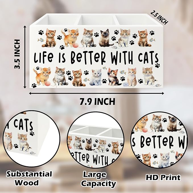 QZQE Cat Pen Pencil Holder Organizer for Desk, Cat Lovers Mom Lady Gifts for Women, Life Is Better with Cats Wooden Box Signs Decorations for Home Office Desk Tabletop, Gifts for Pet Lovers