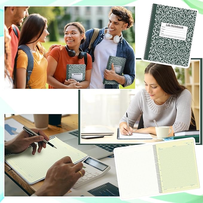 Affrolling 2 Pack Carbonless Lab Notebook Carbon Copy 8.5'' x 11'' 50 Set of Pages 100 Pages Total Laboratory Engineering Chemistry Computation Notebook Science Grid Coil Binding(Dark Green and White)