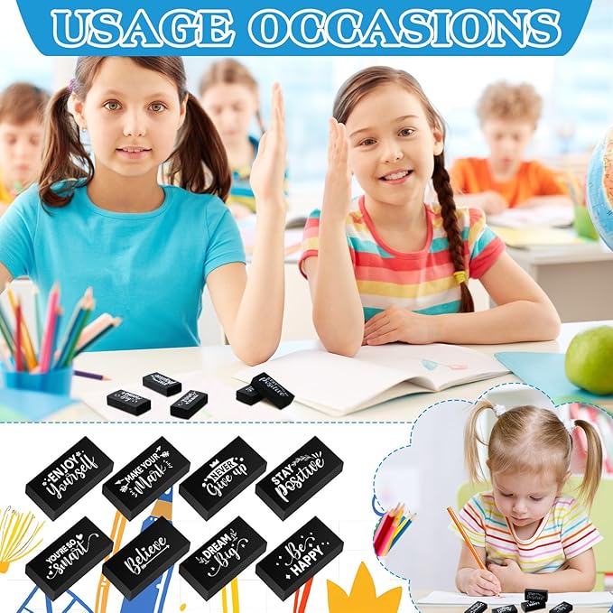 Dunzoom 100 Pcs Inspirational Pencil Erasers Bulk for Kids Fun Motivational Eraser School Supplies Back to School Office Supplies for Classroom Office Teacher Artists (Classic)