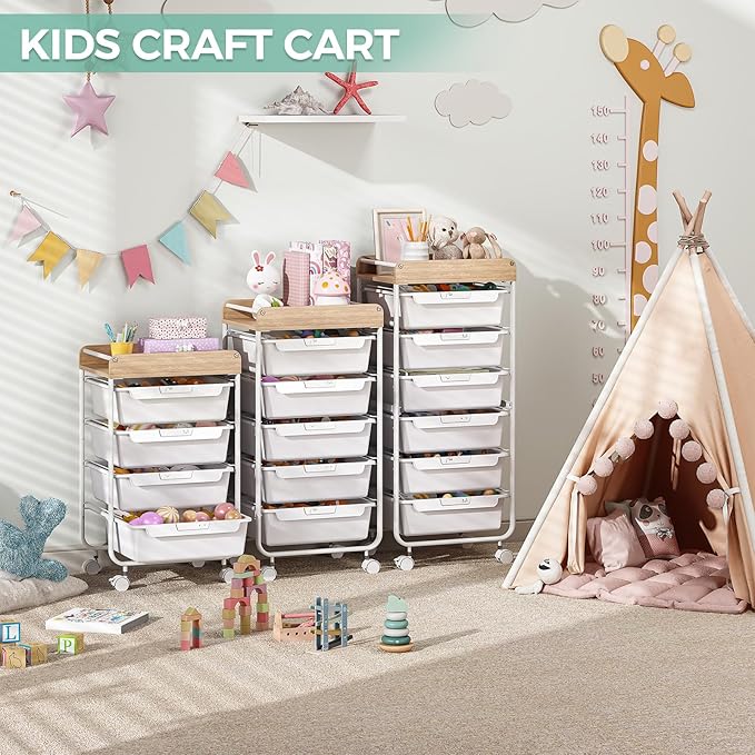 Rolling Storage Utility Cart With 6 Drawers,Art Supply Craft Organizer,Sewing Makeup Organizer And Storage,Office Organization Wooden Tabletop,White