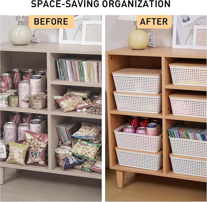 Anywish Small Storage Bins with Lids 6 Packs, Plastic Storage Basket with Bamboo Lid for Pantry Organization and Storage Containers for Shelves Drawers Desktop Closet Playroom Office Home, White