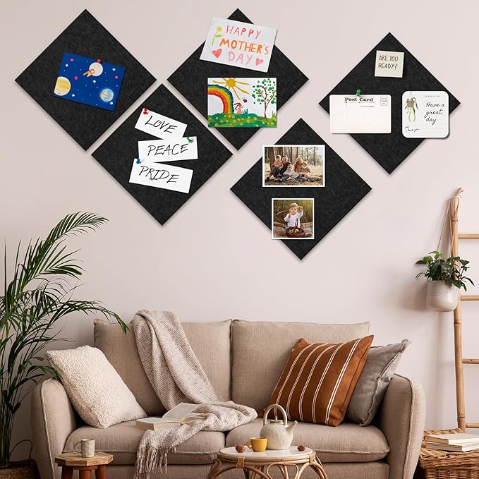 Bouiexye Felt Cork Board Tiles 6 Pack Black Bulletin Boards 12"x12" - 1/2" Thick Corkboards for Wall Bulletin Board Self Adhesive with 100 Push Pins for Wall School Home Office