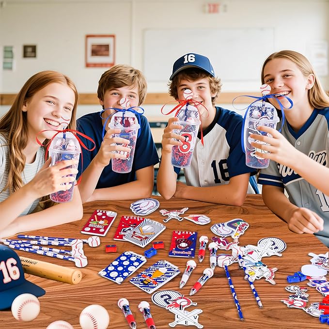 LiYiQ 247 Pcs Baseball Party Supplies Return Gifts for Party, Student Stationery Gifts from Teacher Rewards Prizes, Pencil Erasers Notebooks Stickers for Baseball Classroom Birthday