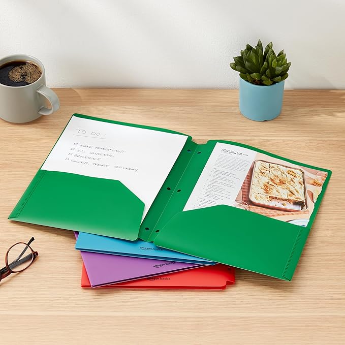 Amazon Basics Plastic 3 Hole Punch Folders with 2 Pockets, 8.5 x 11 inches, Pack of 12, Assorted Color