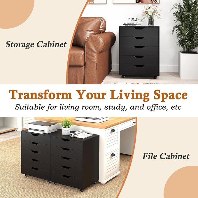 Giantex 5-Drawer Storage Cabinet, Mobile Lateral File Cabinet with Drawers, Wheels, Rolling Chest of Drawers, 19.5" x 16" x 25.5" for Office Under Desk Living Room, Study