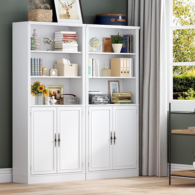 BORNOON 71.4" Tall Bookshelf with Cabinet, 5-Tier Floor Standing Bookcase with Doors & Adjustable Shelves, 31.5" Wide Storage Shelf, Metal Handles, Modern Organizer for Home Office, Living Room