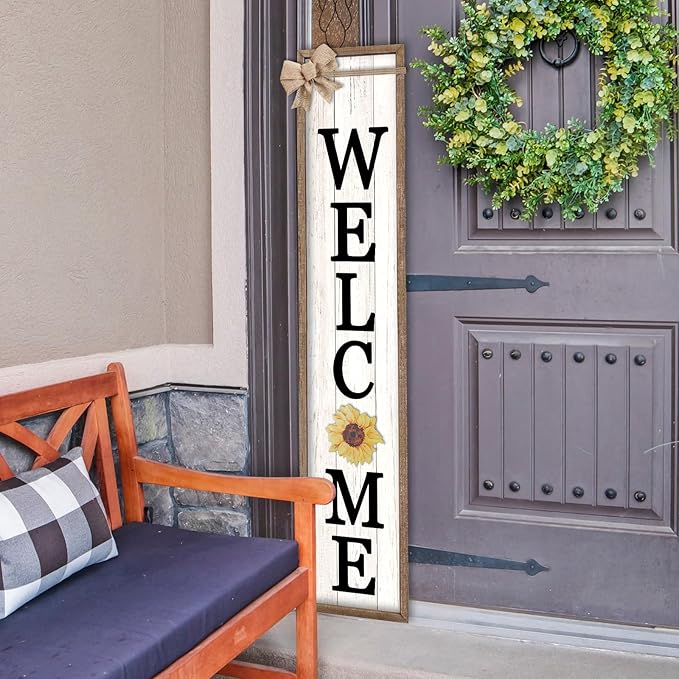 LuZhiQiang Front Porch Welcome Sign for Interchangeable Standing 45"X9" With 12 Pcs Replaceable Icons Wood Frame Signs Outdoor Front Door Decor (Wood White)