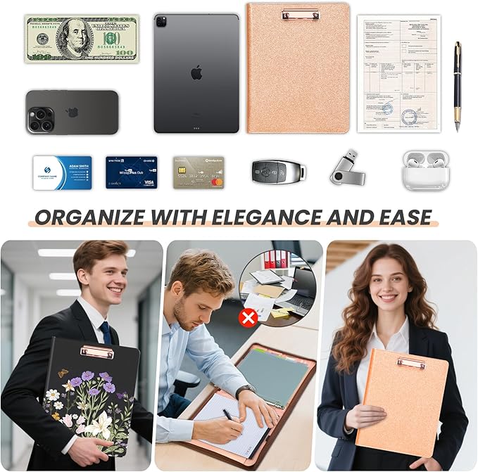 KLLVE Leather Padfolio Portfolio with Clipboard Storage, Removable 3 Ring Binder 1 Inch Zipper Binder, Document Organizer for Women Men with Notepad, 5 Pocket Dividers, Pen Holder, Rose Gold